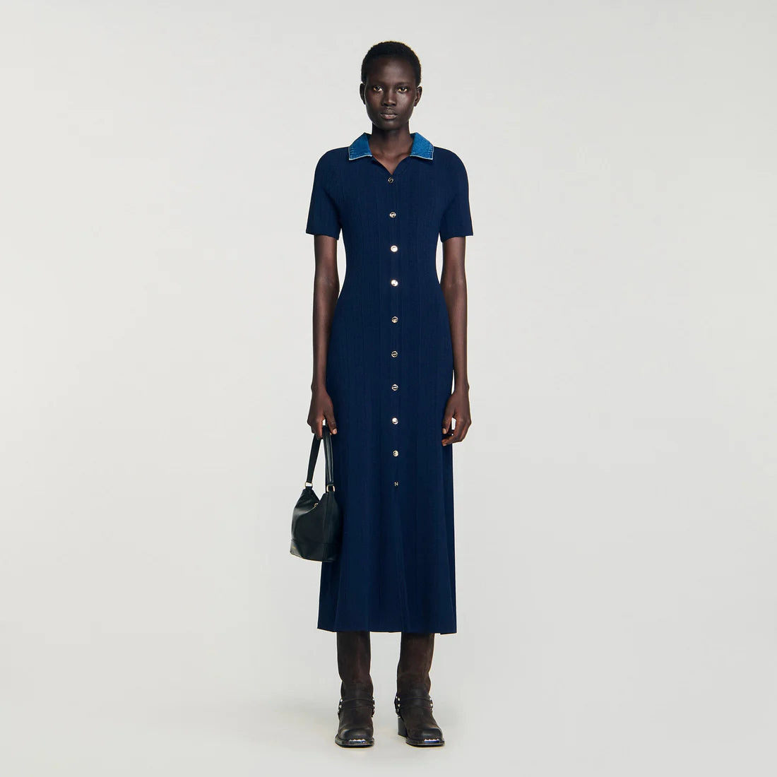 sandro blue dress JULIETTA DENIM COLLAR KNIT MAXI DRESS – SANDRO Egypt