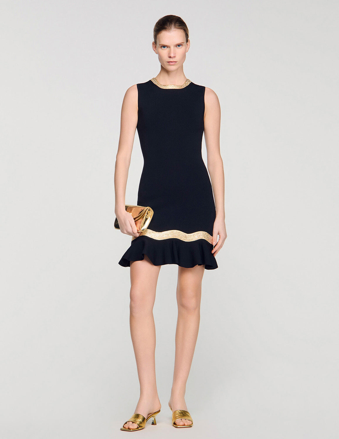 sandro black short dress Sandro Short knit dress with ruffle