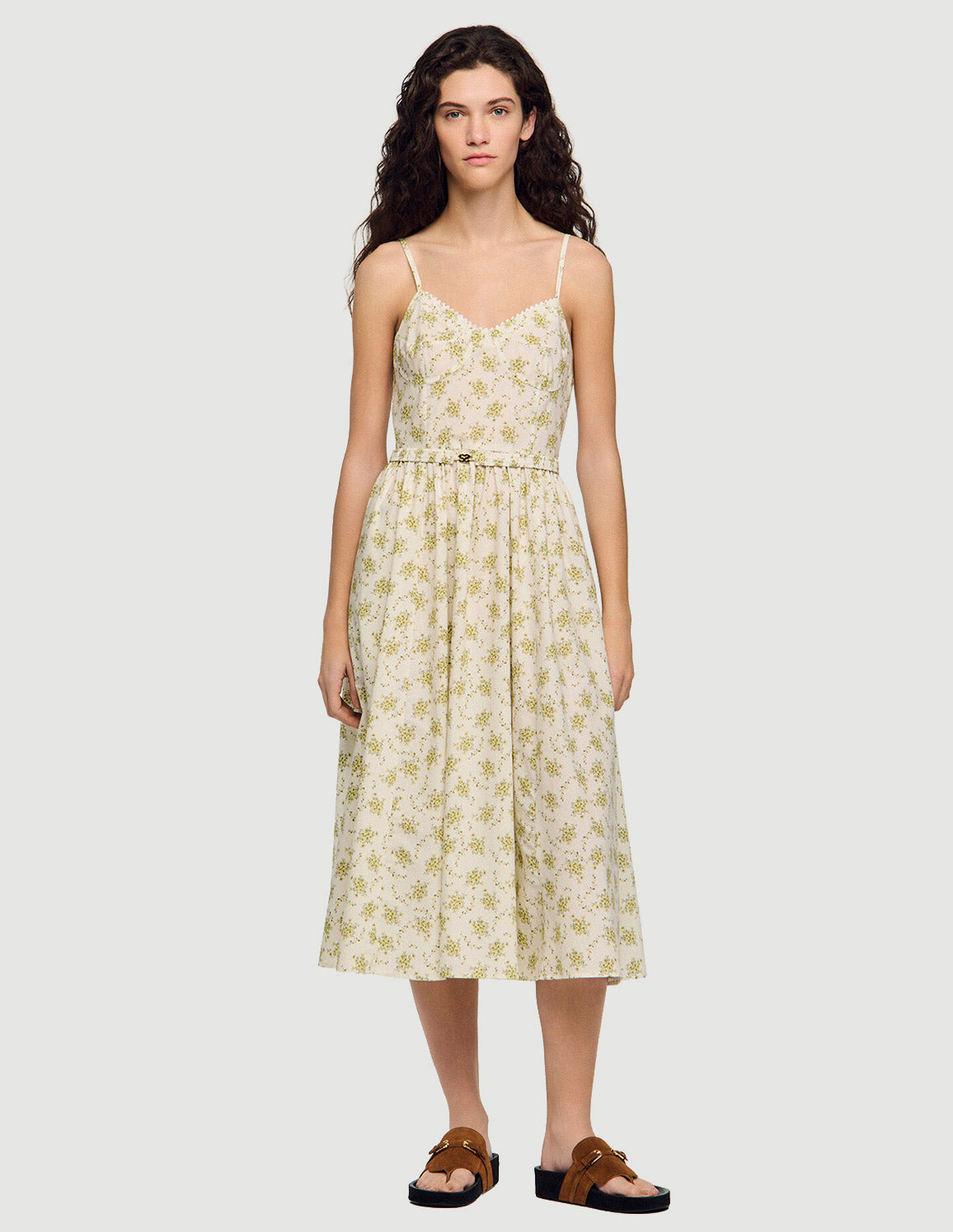 sandro midi dress Floral with straps in Olive / Ecru for Women It is embellished with sequins and has a striped pattern Sandro Ruffled-Trim Ribbed Knit Maxi